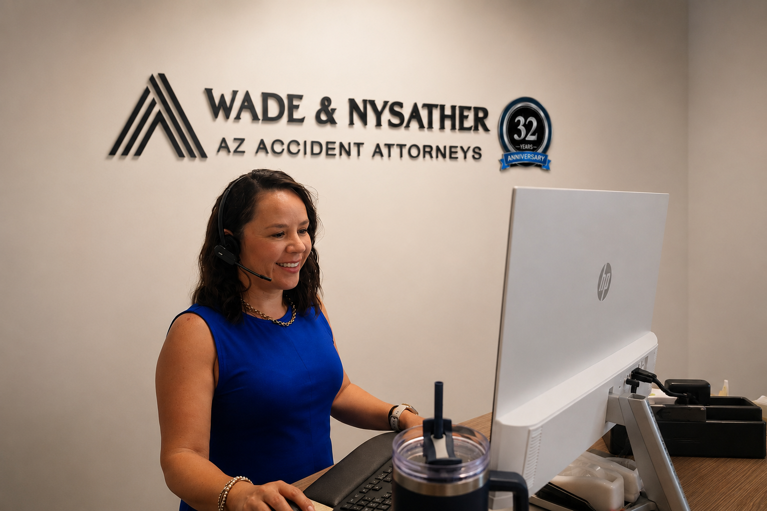 Barbara Valenzuela, Property Damage Specialist at Wade & Nysather, at her desk in the office