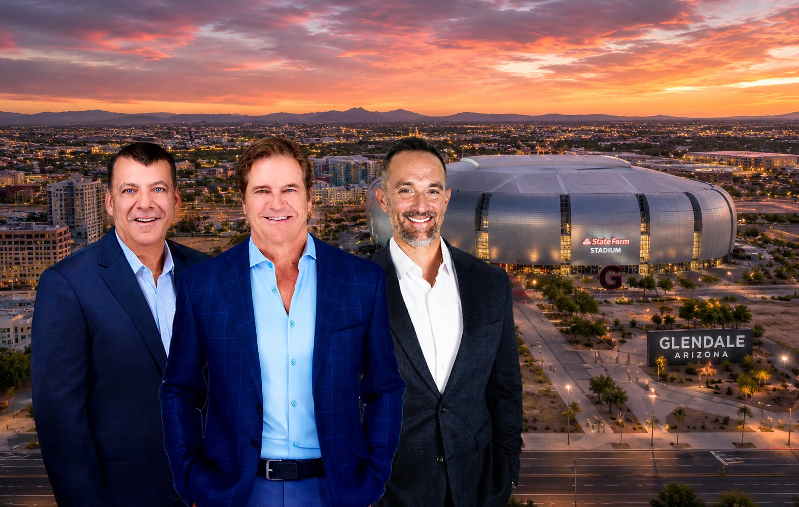 Wade & Nysather attorneys with an aerial view of State Farm Stadium and Glendale, Arizona at sunset