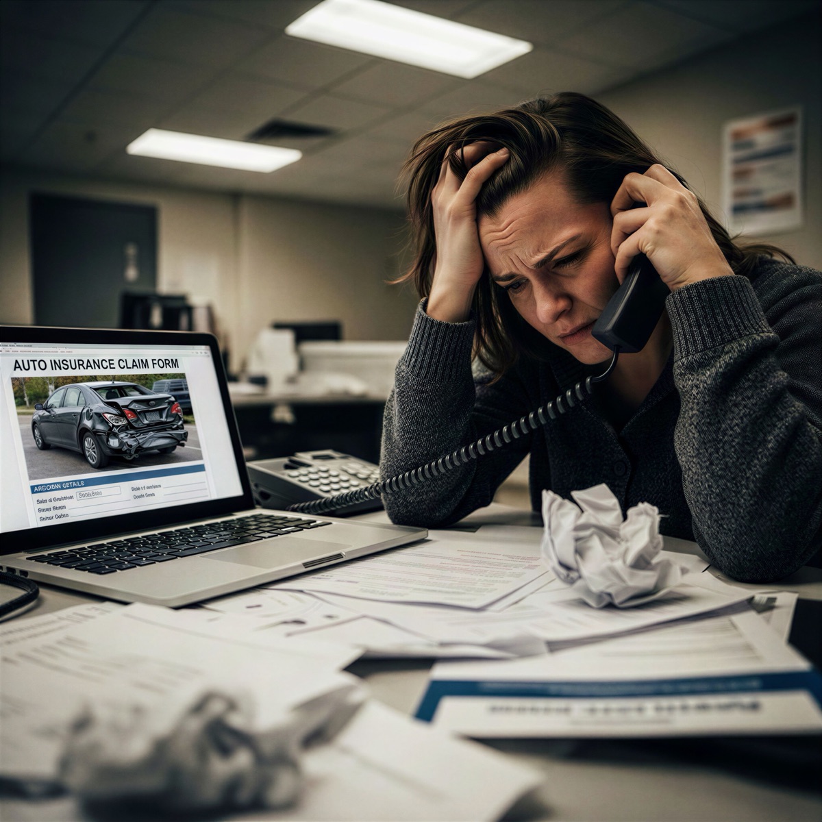 A person stressed out on the phone with an insurance adjuster, trying to handle a property damage claim on their own